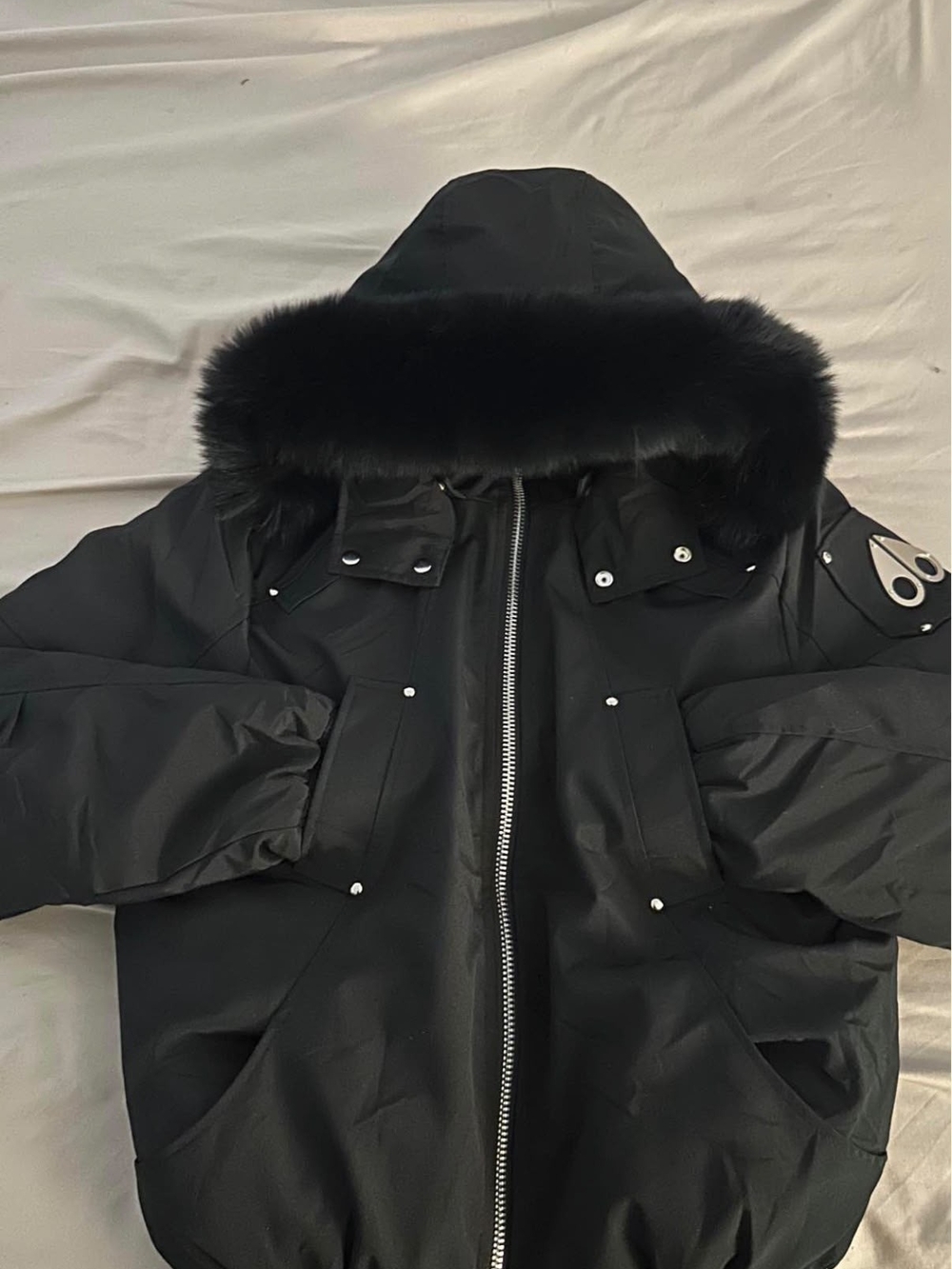 Moose Knuckles Black Hooded Puffer Jacket with Fur-Trim Hood